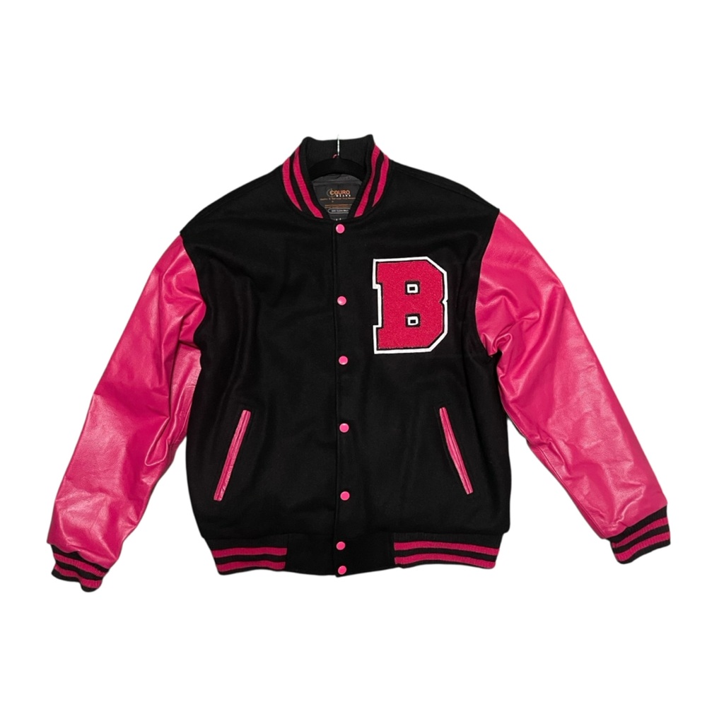 Couro Men's Varsity Baseball Letterman‎ Bomber Wool pink Faux Leather Jacket L